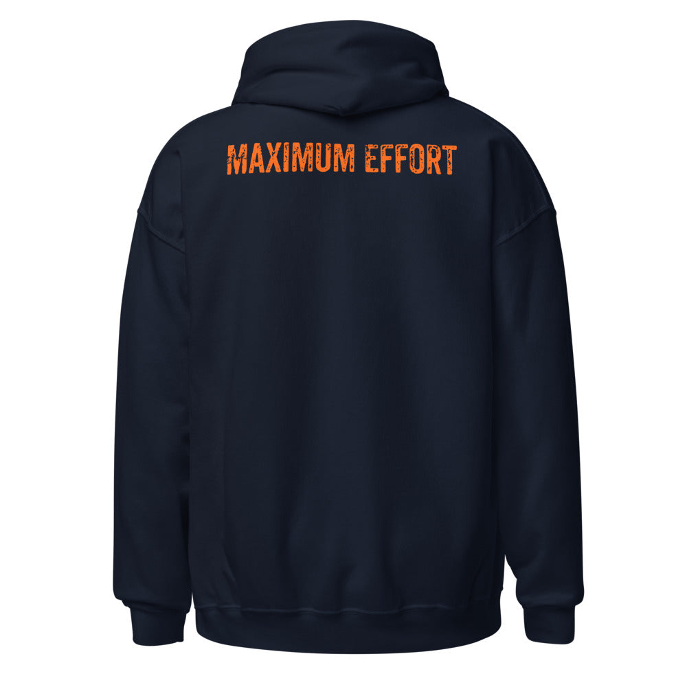 Maximum Effort Hoodie, Navy with orange MAXIMUM EFFORT back print
