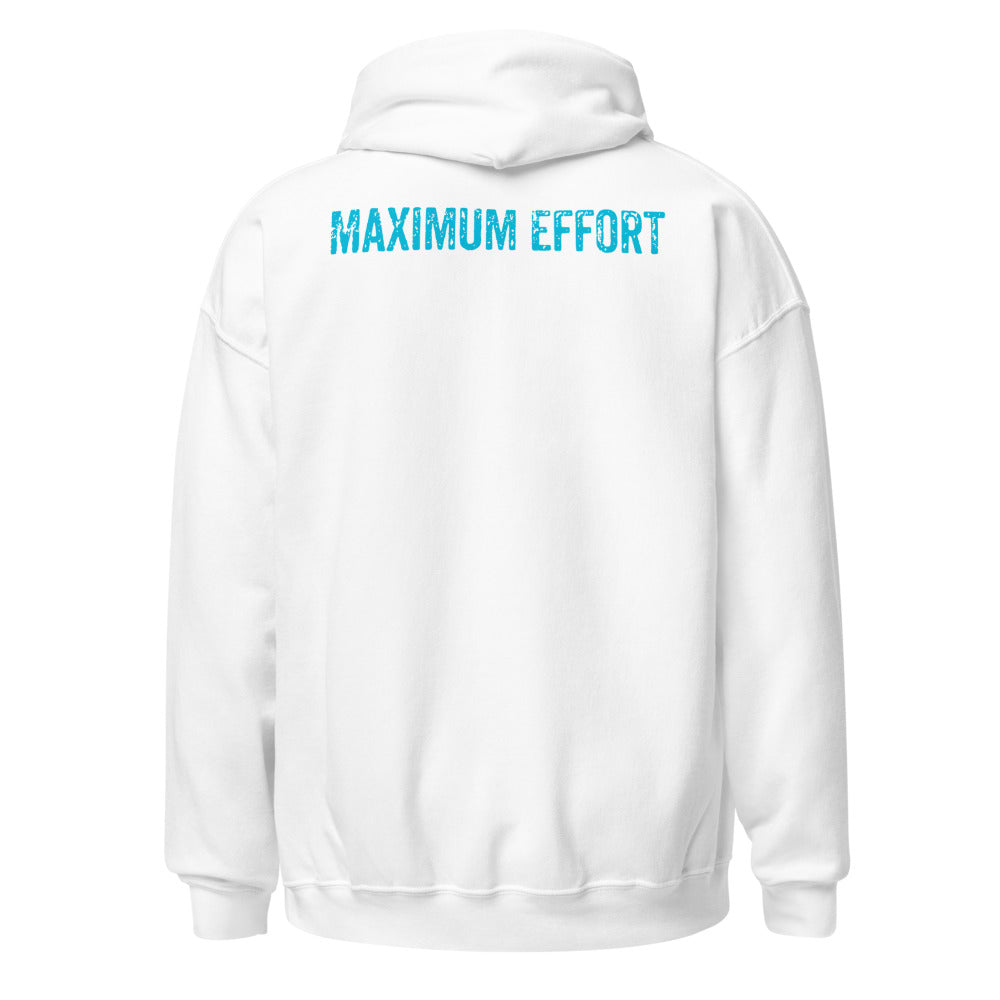 Maximum Effort Hoodie, White with cyan MAXIMUM EFFORT back print