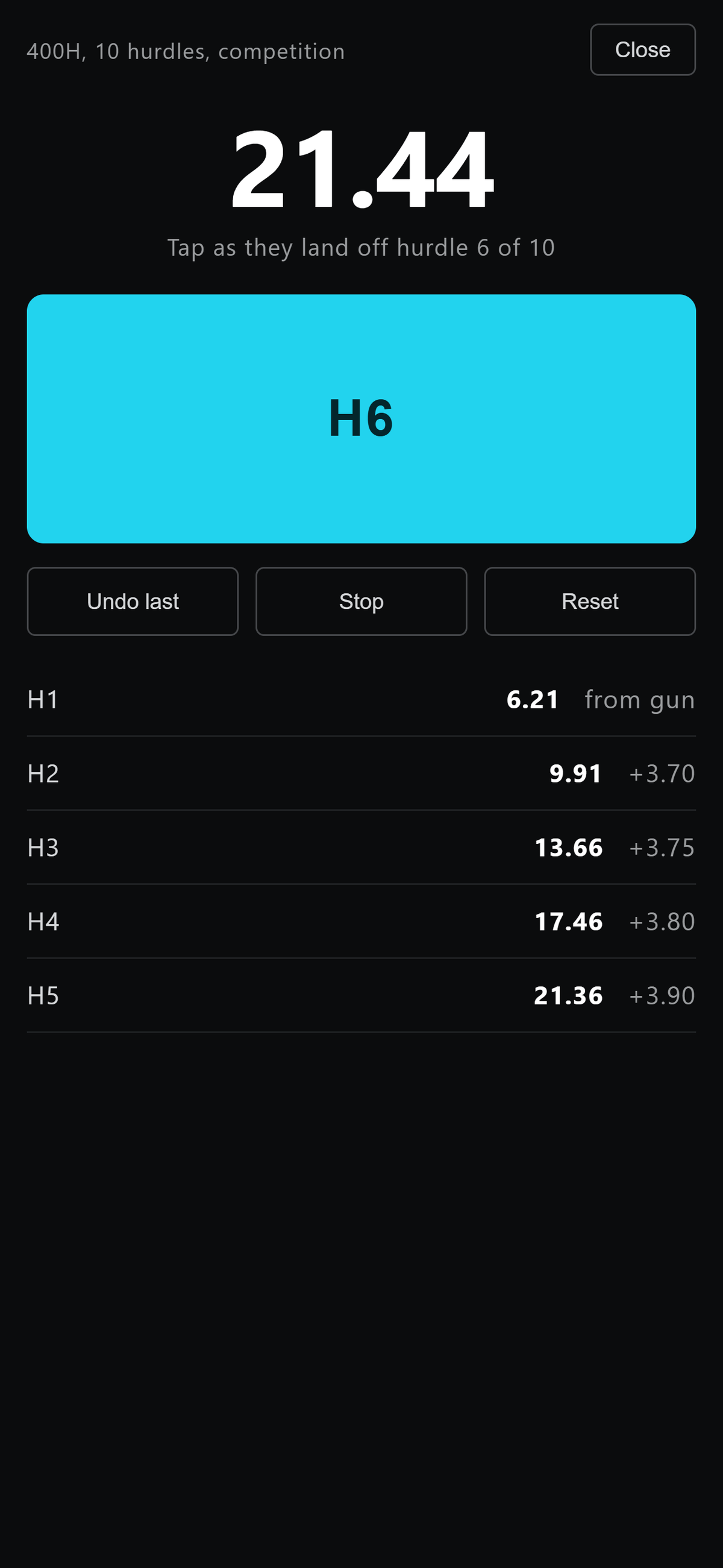 A phone showing the MESSA hurdle timer part way through a 400m hurdles race, with touchdown times for the first five hurdles listed below a large tap button.