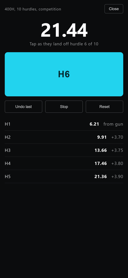 A phone showing the MESSA hurdle timer part way through a 400m hurdles race, with touchdown times for the first five hurdles listed below a large tap button.