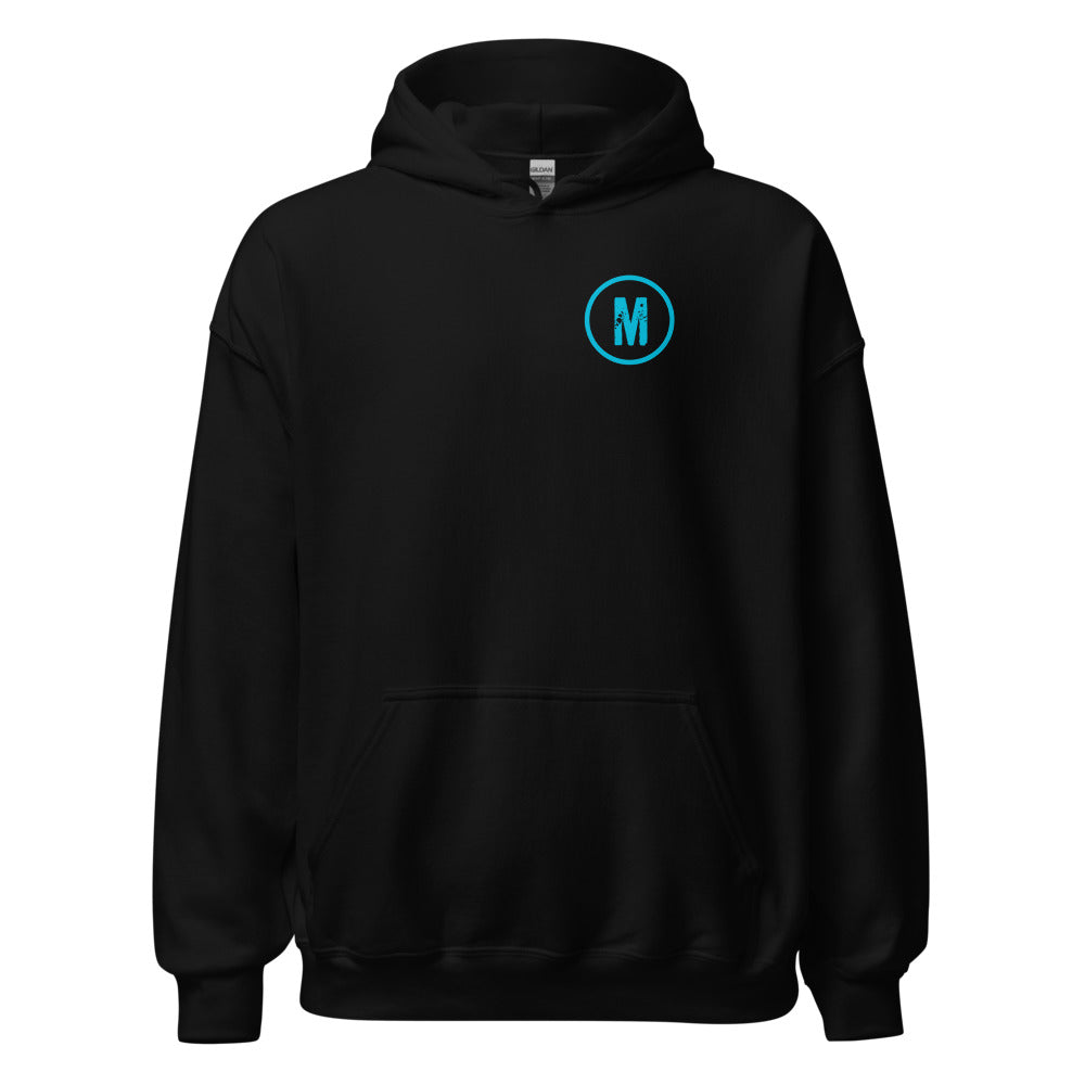 Maximum Effort Hoodie, Black with cyan M on the left chest