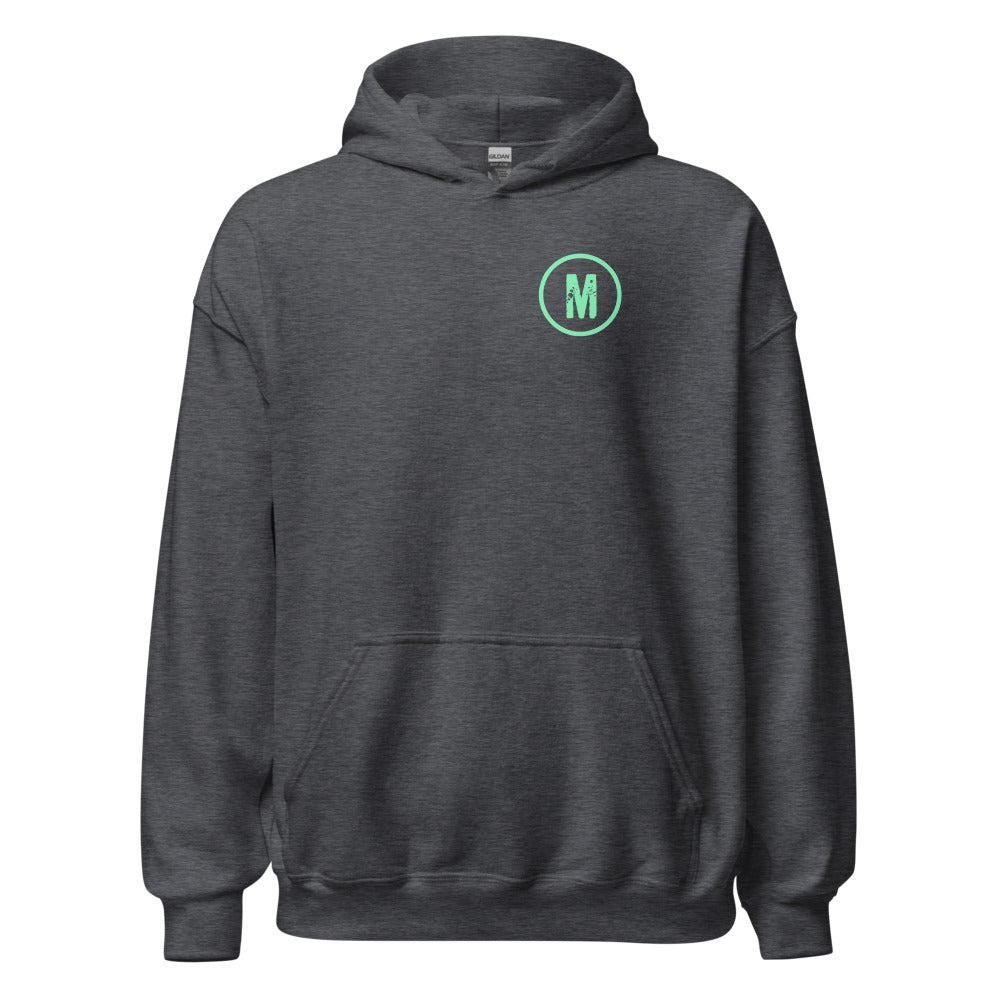 Maximum Effort Hoodie, Dark Heather with mint M on the left chest