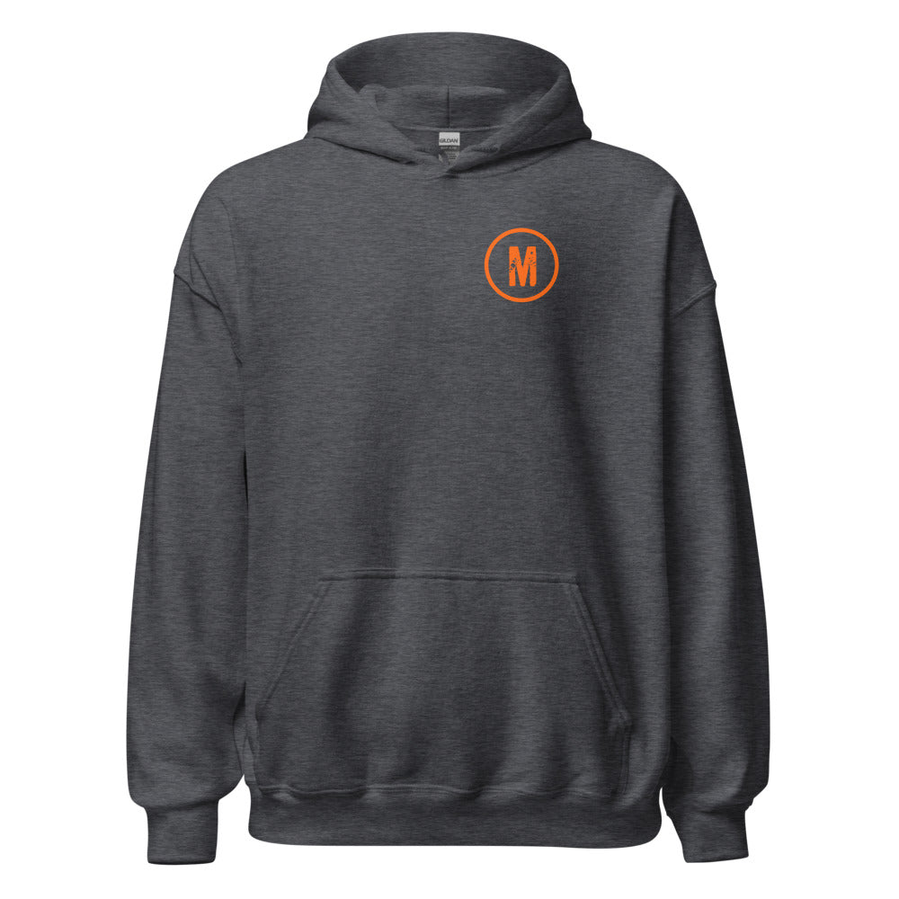 Maximum Effort Hoodie, Dark Heather with orange M on the left chest