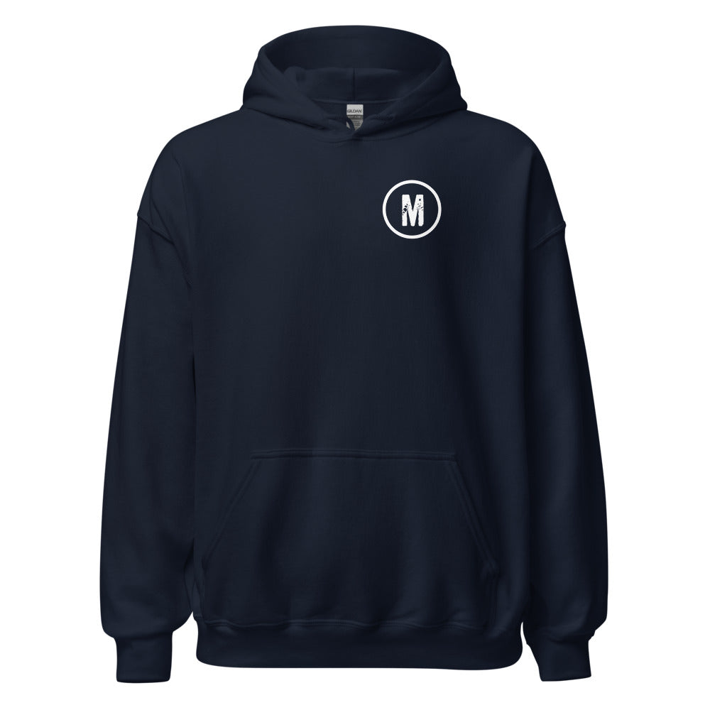 Maximum Effort Hoodie, Navy with white M on the left chest