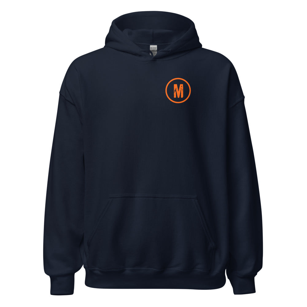 Maximum Effort Hoodie, Navy with orange M on the left chest