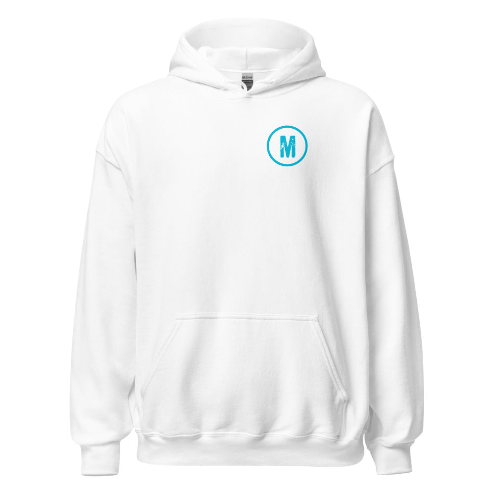 Maximum Effort Hoodie, White with cyan M on the left chest