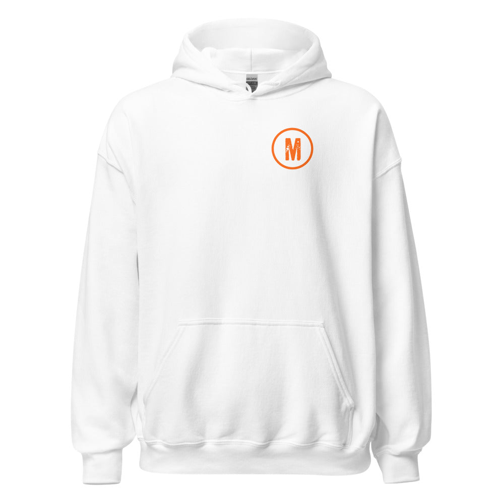 Maximum Effort Hoodie, White with orange M on the left chest